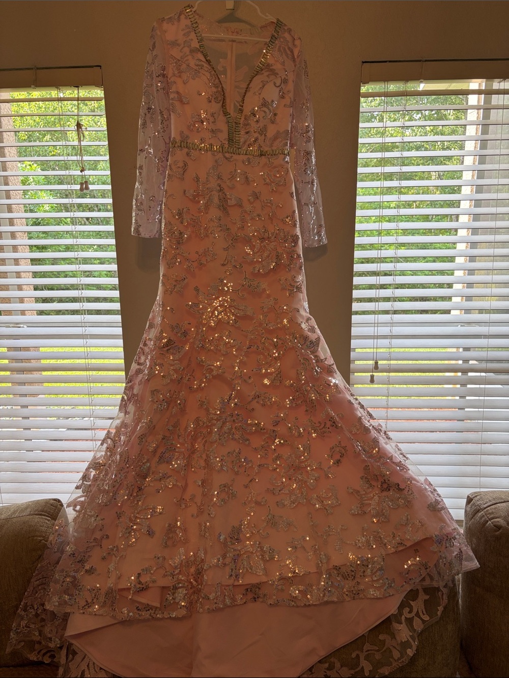 Elegant Beaded Long Sleeve Pink Maxi Dress